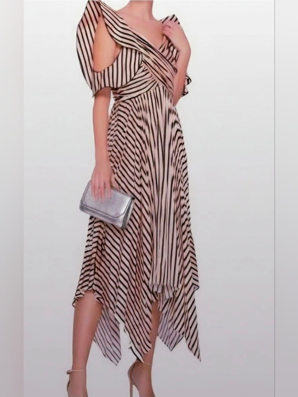 NWT Self-Portrait Nude & Black Stripe Pleated Midi Dress – Size US 10 / UK 14